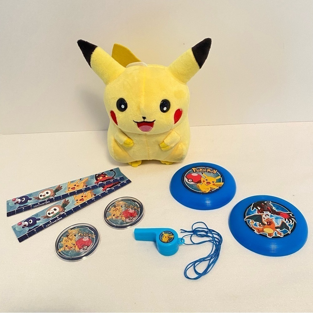 Pokemon Plush 7" Pikachu With Suction Cup And Rulers/ Whistle/ Games Set New